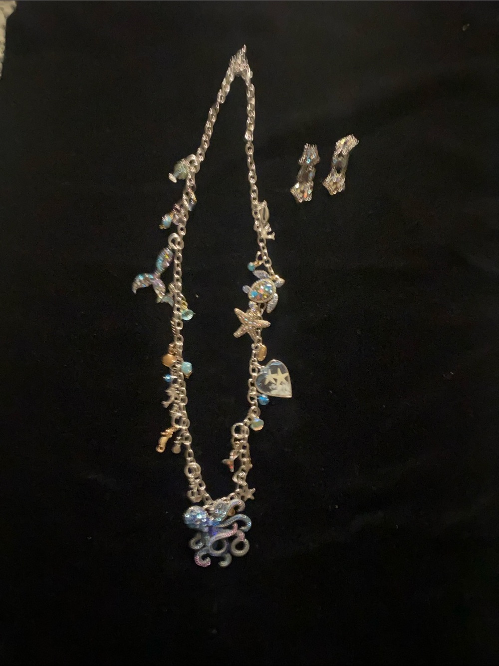 Silver-Tone Ocean Charm Necklace and Earring Set with Iridescent Blue Accents